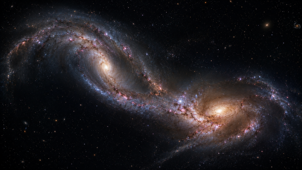 Two galaxies interacting gravitationally with distorted structures and streams of stars and gas.