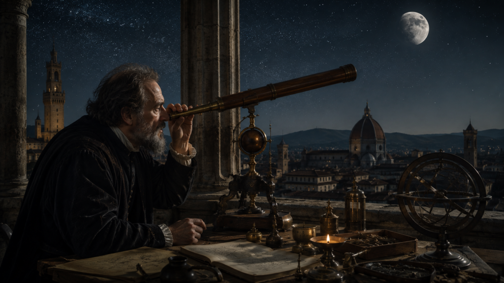 Galileo using an early telescope to observe the night sky.