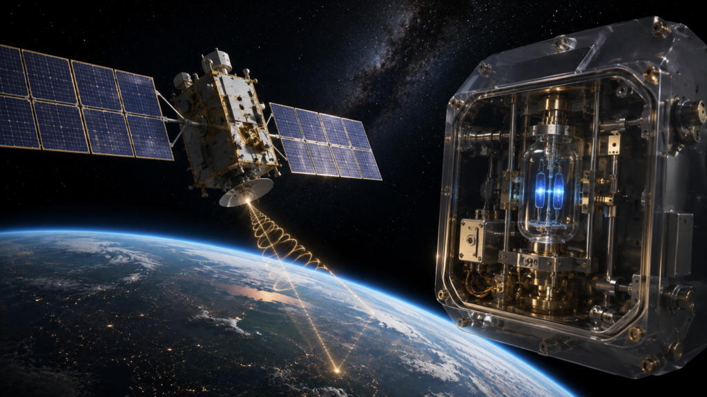 A GPS satellite using an atomic clock to provide precise timing.