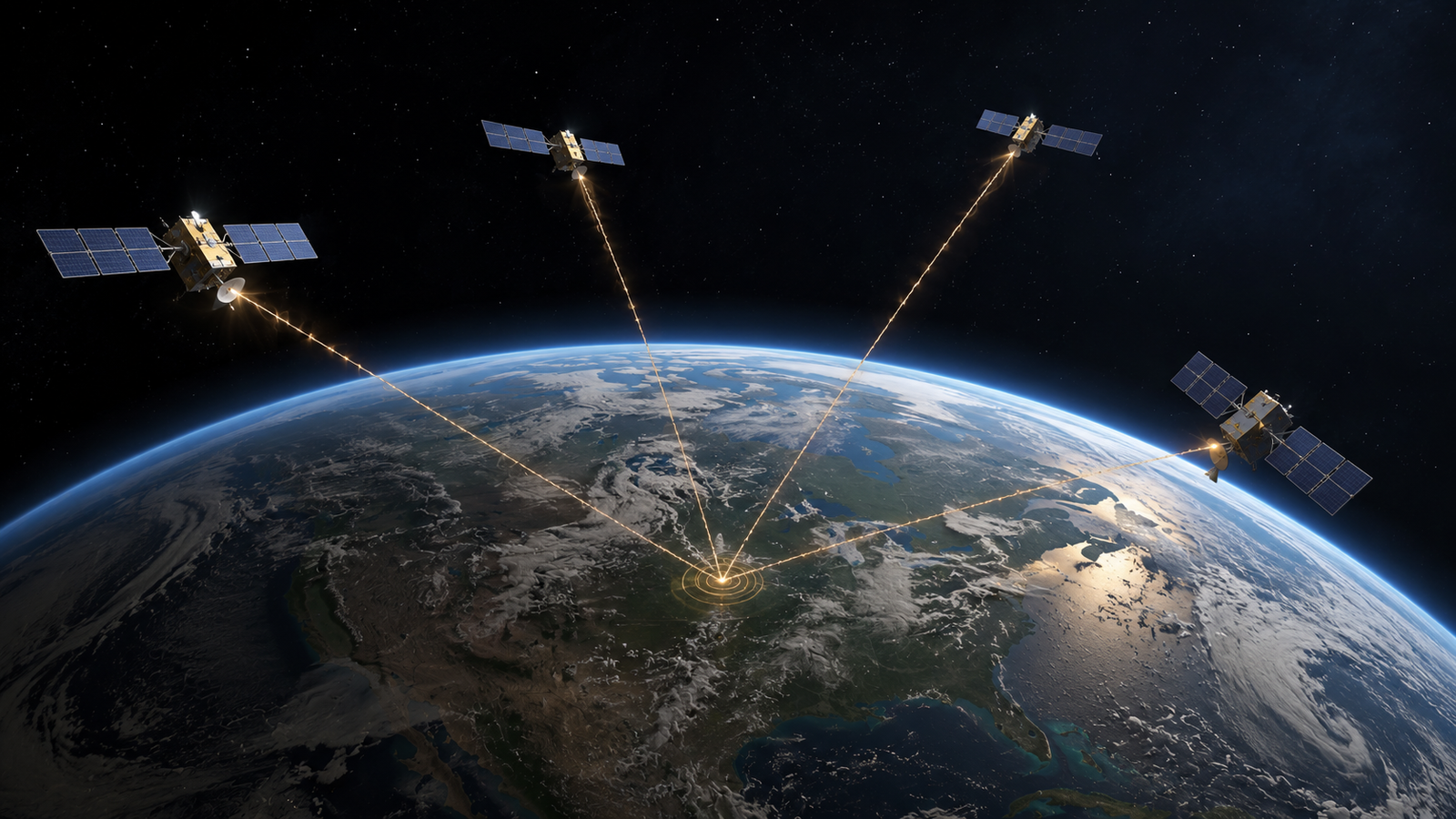 GPS satellites transmitting signals toward a location on Earth.