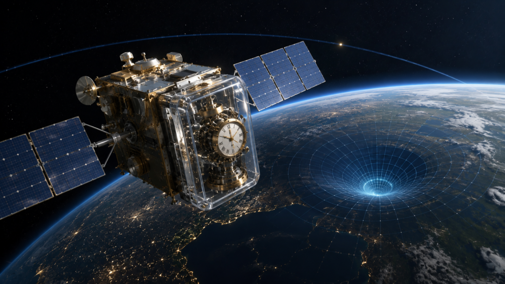 GPS satellite and atomic clock illustrating the relativistic physics behind satellite timing.