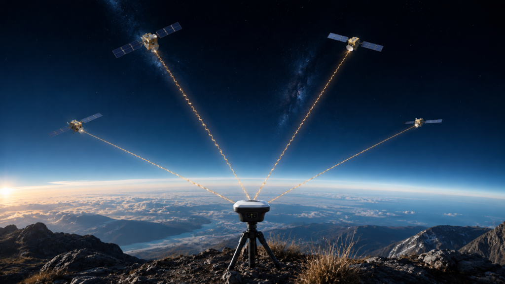 A GPS receiver calculating its position from signals received from multiple satellites.