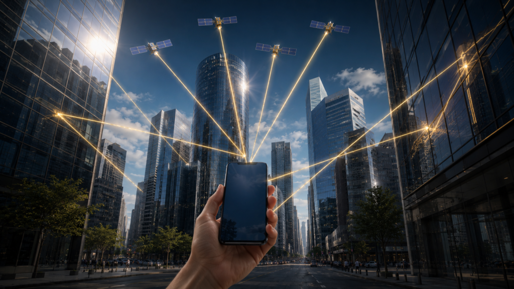 GPS signals reaching a smartphone between tall buildings through direct and reflected paths.