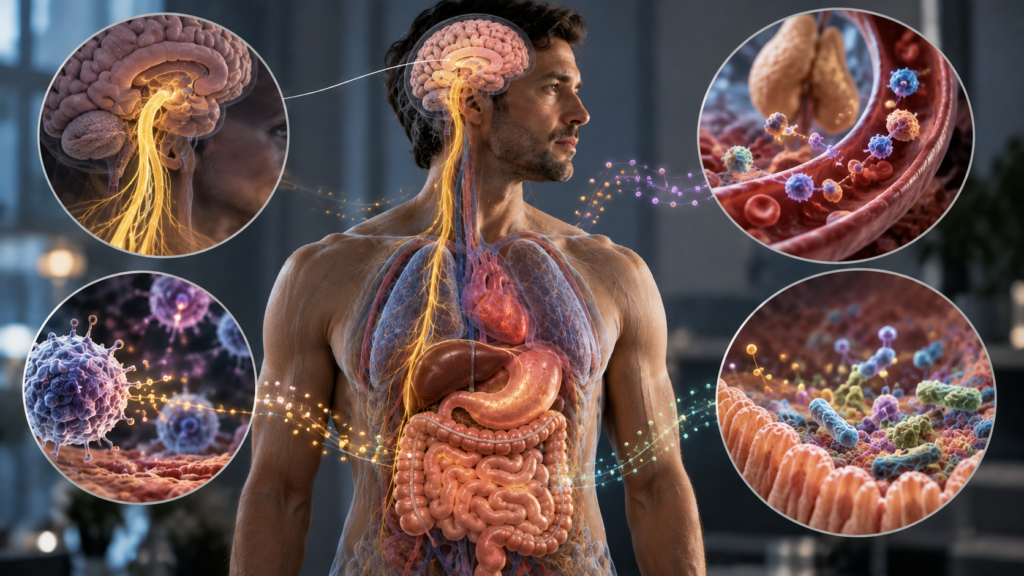 Multiple biological pathways connecting the gastrointestinal tract with the brain.