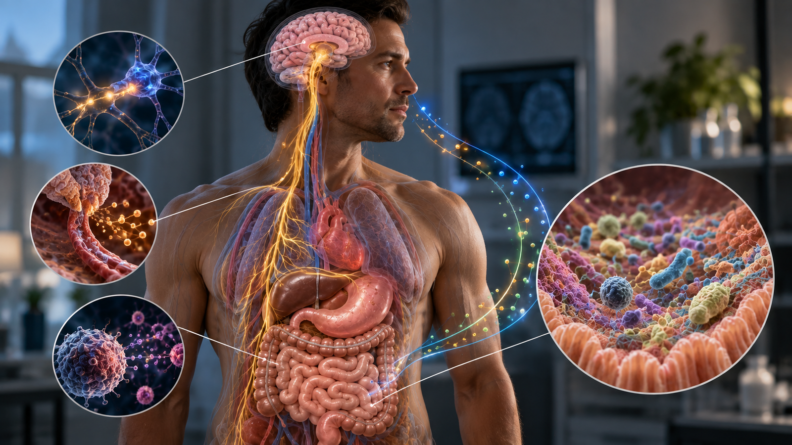 Human brain and gastrointestinal tract connected through biological gut-brain signaling pathways.