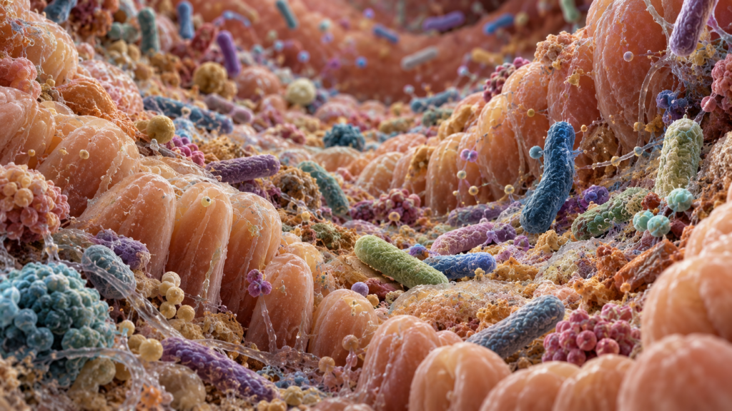 Diverse microbial ecosystem interacting within the intestinal environment.