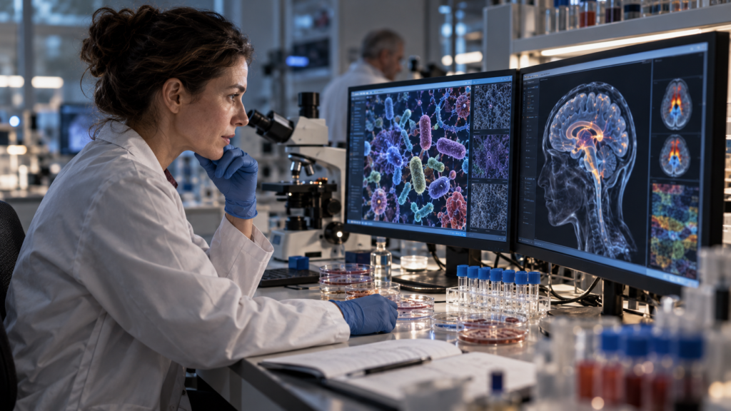 Scientific research investigating relationships between the gut microbiome and brain function.