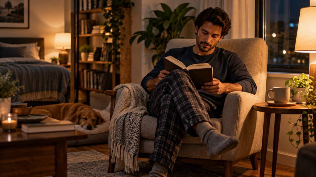 A familiar evening routine providing a cue for a reading habit.