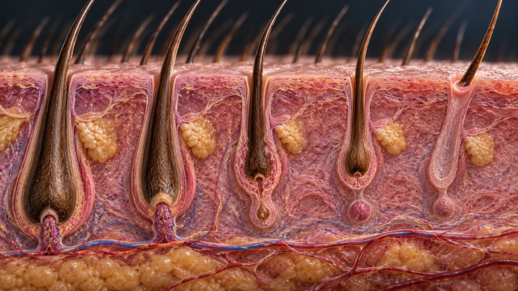 Scalp hair follicles at different stages of the natural hair growth cycle.