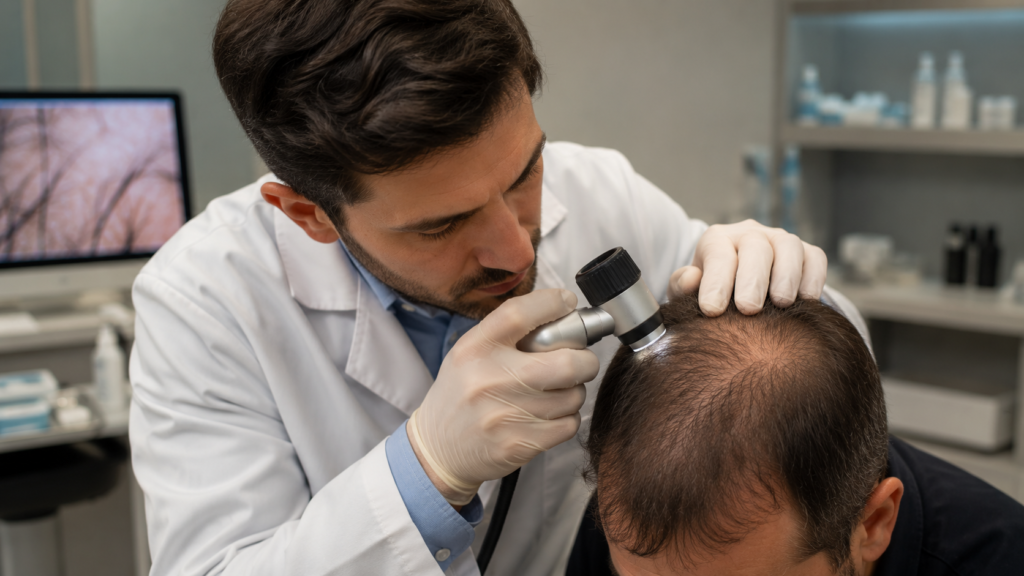 Dermatologist examining scalp and hair follicles to evaluate hair loss.