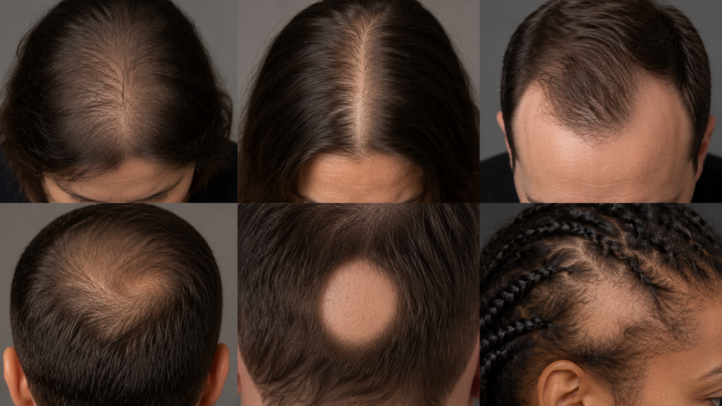 Different visible patterns that can occur with different types of hair loss.