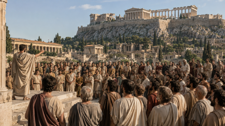 Ancient Athens with citizens gathering for political discussion.