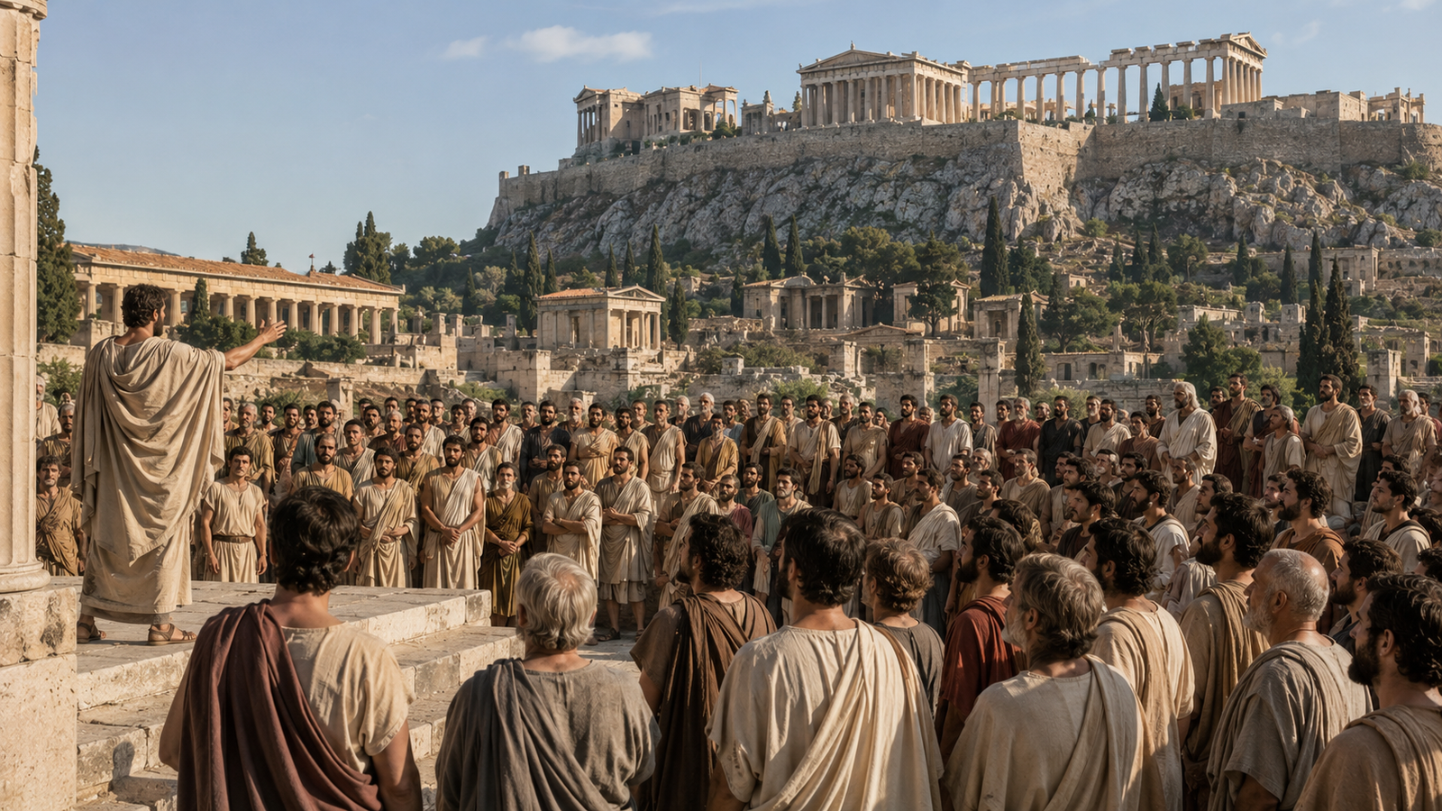 Ancient Athens with citizens gathering for political discussion.