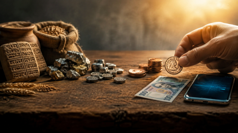 Historical and modern forms of money showing the evolution of economic exchange.