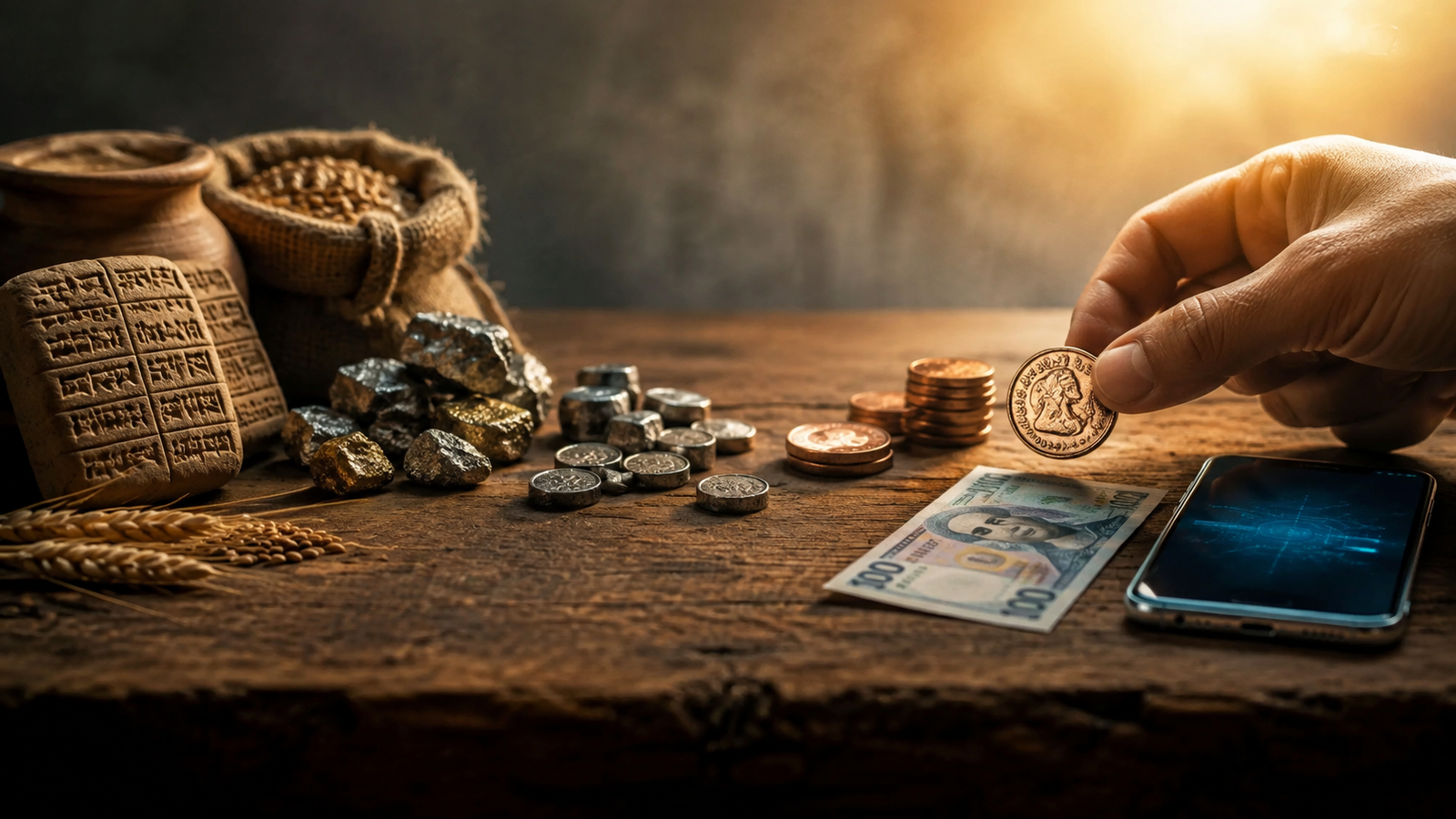 Historical and modern forms of money showing the evolution of economic exchange.