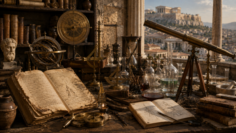 Historical scientific instruments and manuscripts representing the development of scientific inquiry.
