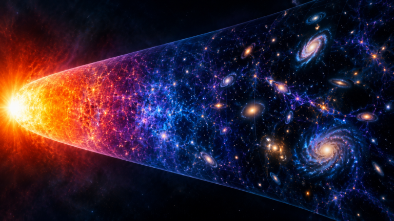 Visualization of cosmic evolution from the hot early universe to large-scale cosmic structure.