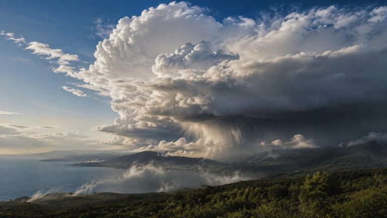Cloud formation over a landscape with rising moist air.