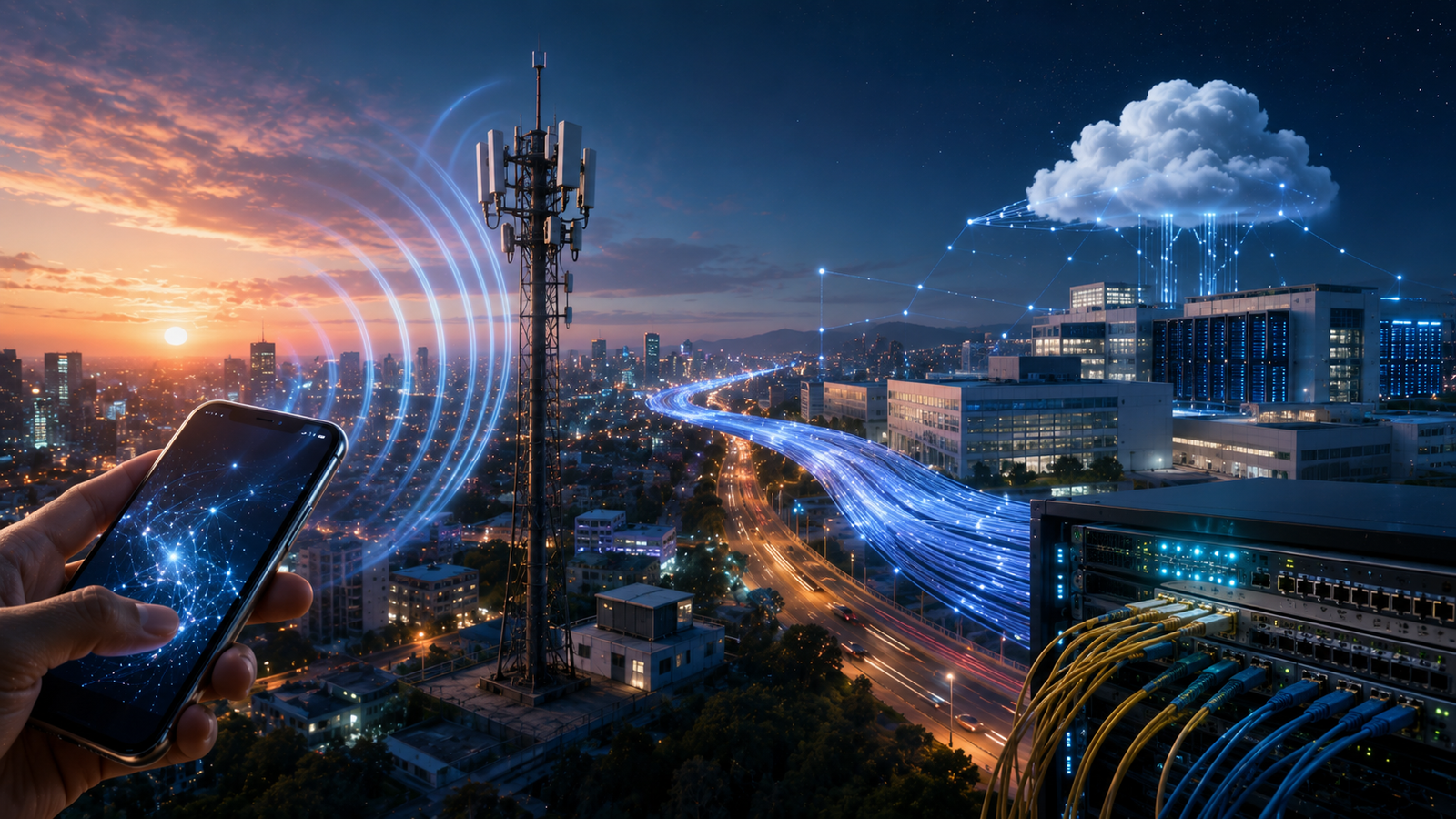 Smartphone connected to a 5G cellular network and wider digital infrastructure.