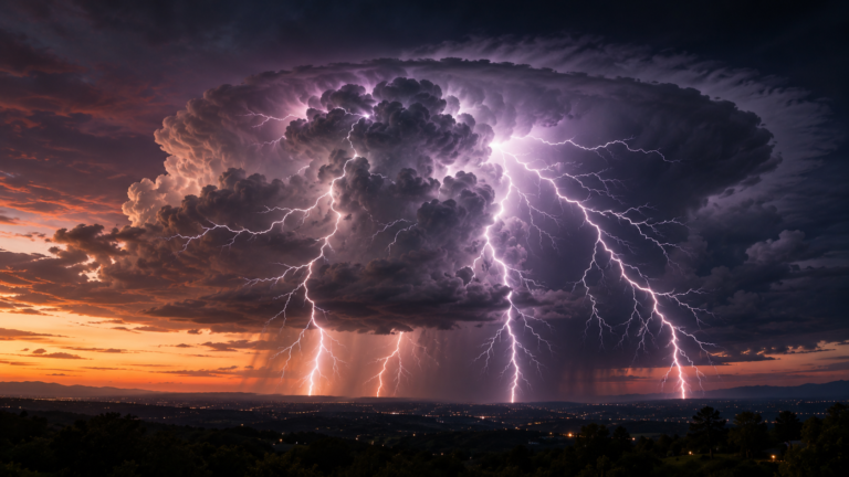 Branching lightning illuminating a powerful cumulonimbus thunderstorm.