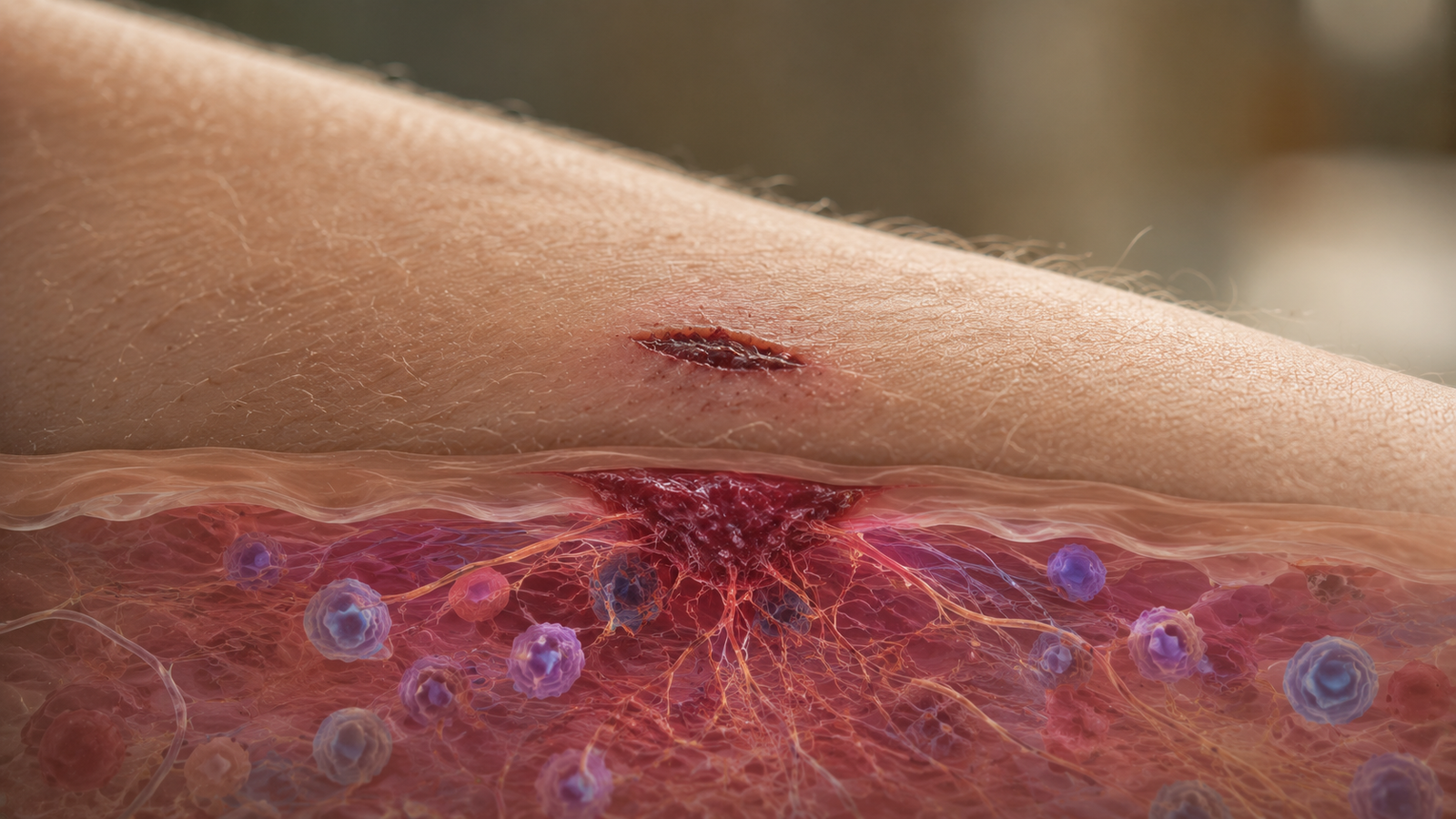 Healing skin wound showing the beginning of the body's repair process.