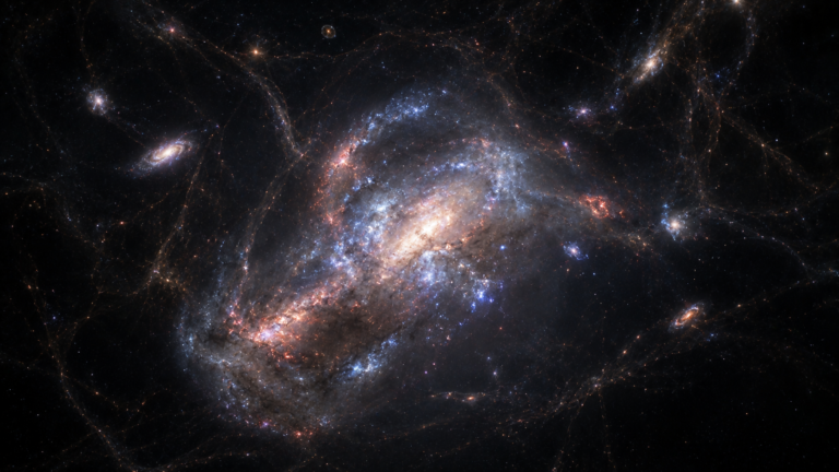 Developing galaxy forming within dark matter structures and cosmic web filaments.