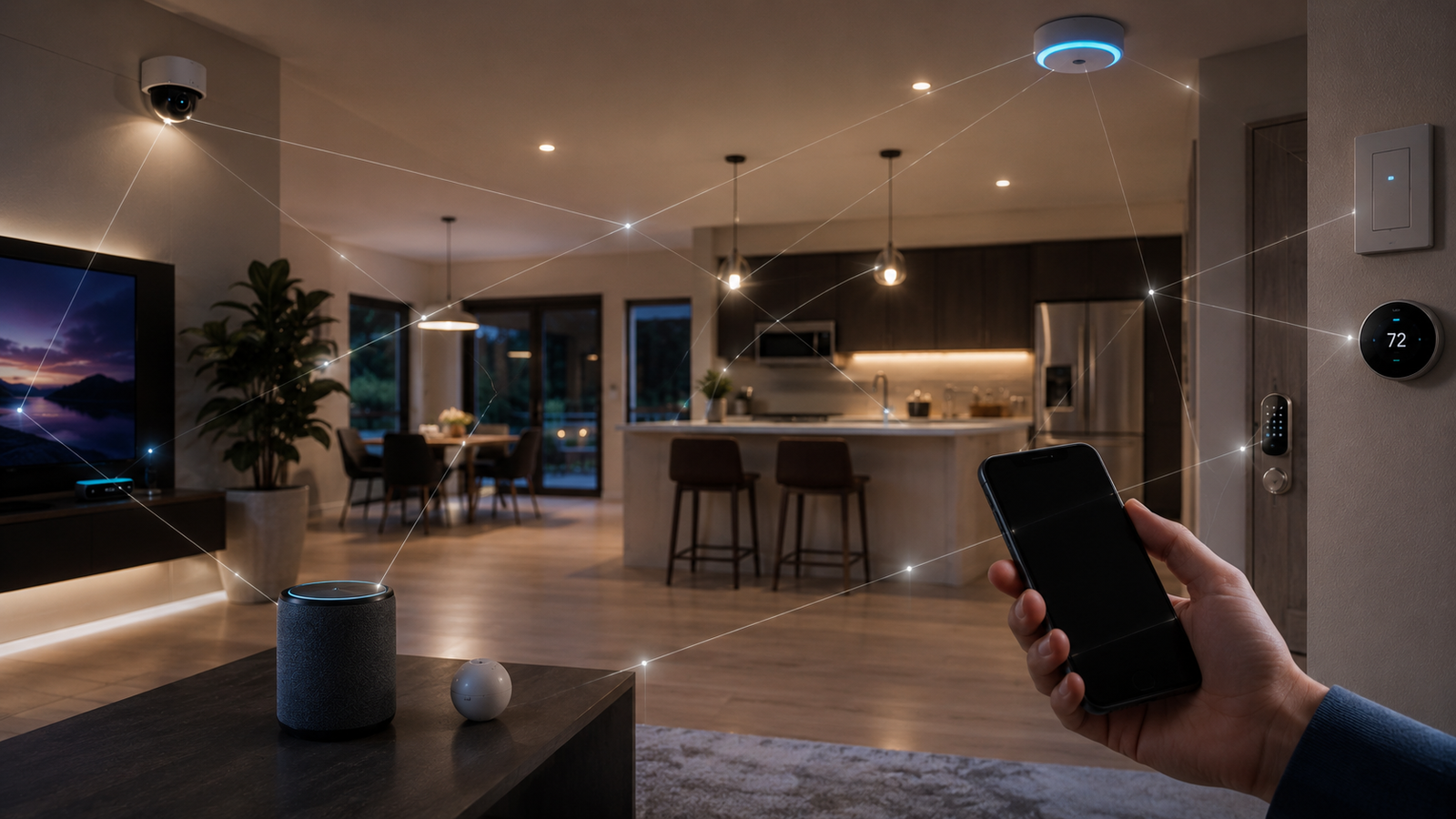 Connected smart home with devices communicating through a central network.