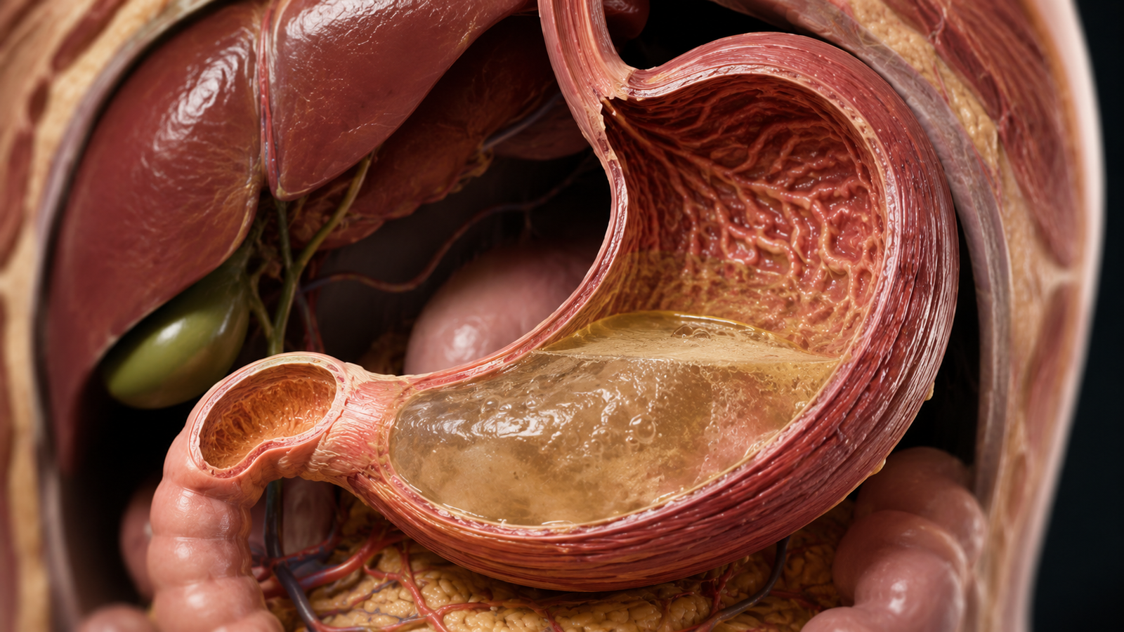 Anatomical view of the human stomach and its role in digestion.