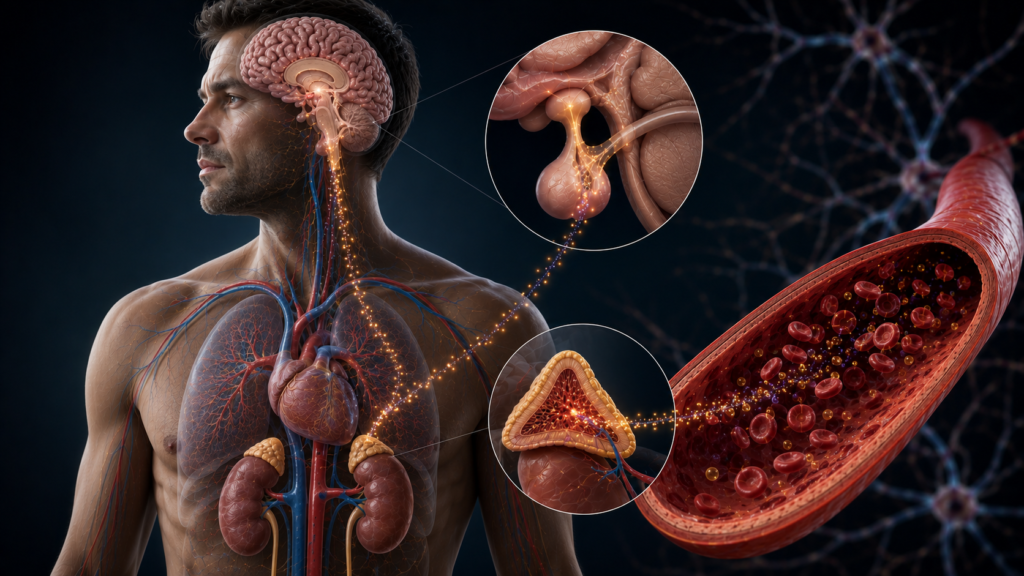 Medical visualization of the HPA axis and cortisol response during stress.