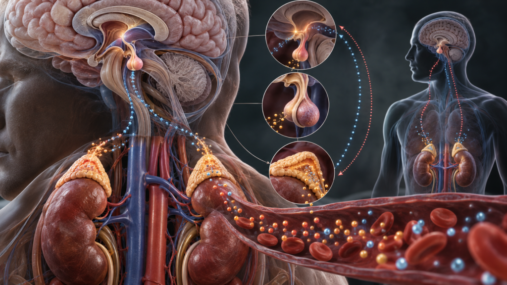 Medical visualization of the HPA axis regulating cortisol between the brain, pituitary gland, and adrenal glands.