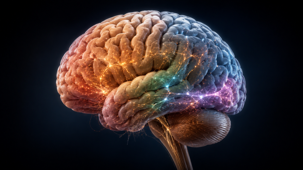 Human brain regions connected through interacting neural networks.
