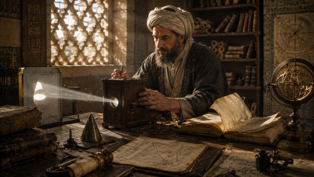 Historical reconstruction representing Ibn al-Haytham studying optics.