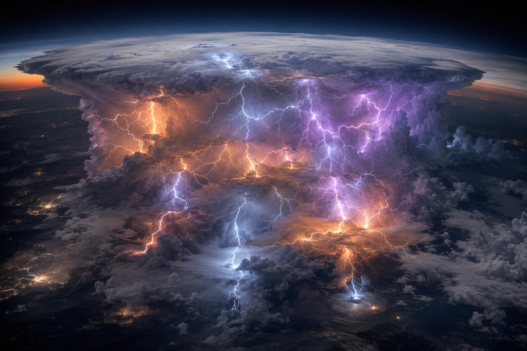 Multiple lightning channels revealing electrical activity inside a thunderstorm.