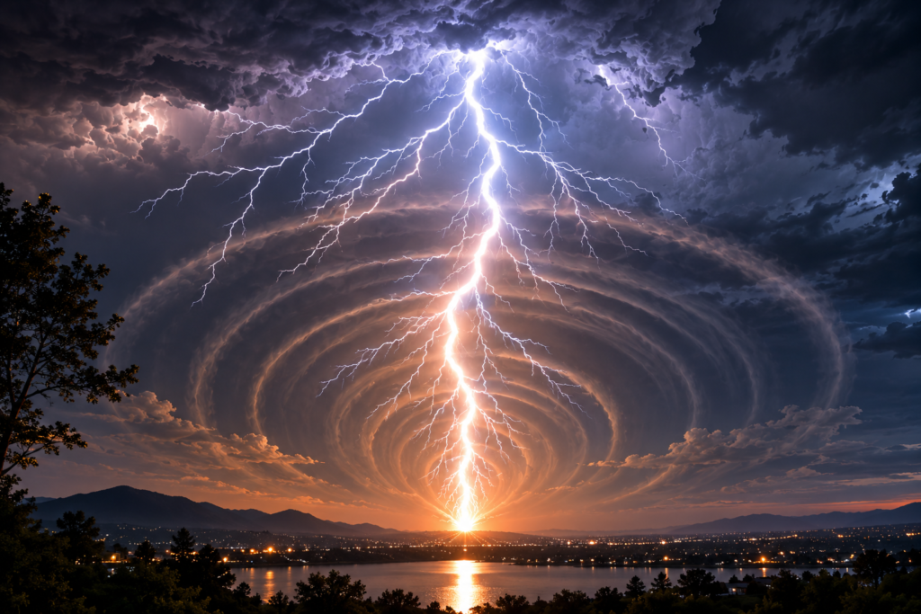 Heated air expanding around a lightning channel and producing a shock wave.