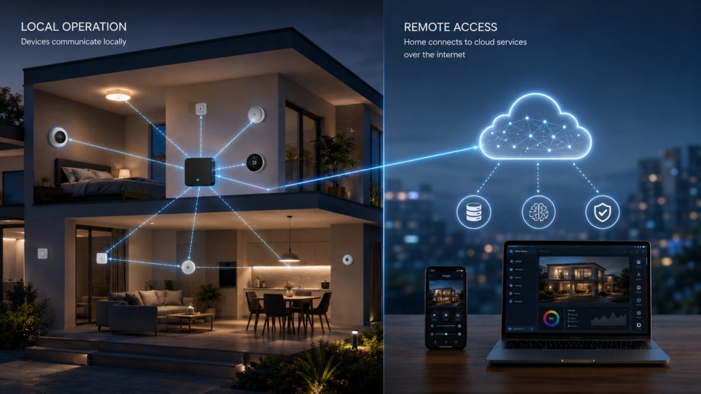 Smart home devices operating through local and cloud-connected control.