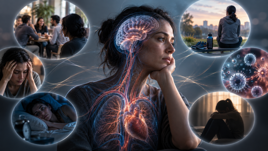 Conceptual medical illustration showing loneliness and its relationship with stress and health