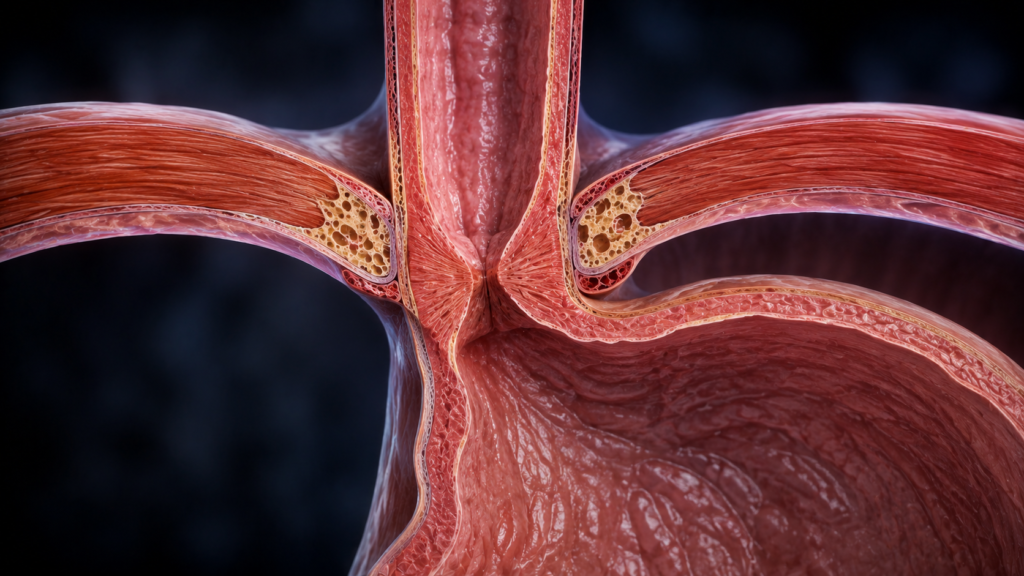 Lower esophageal sphincter between the esophagus and stomach.