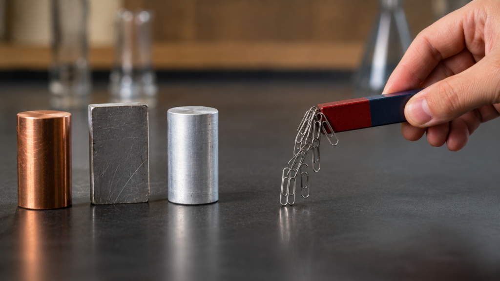 Magnet attracting steel objects while nearby nonferromagnetic metals remain unaffected.