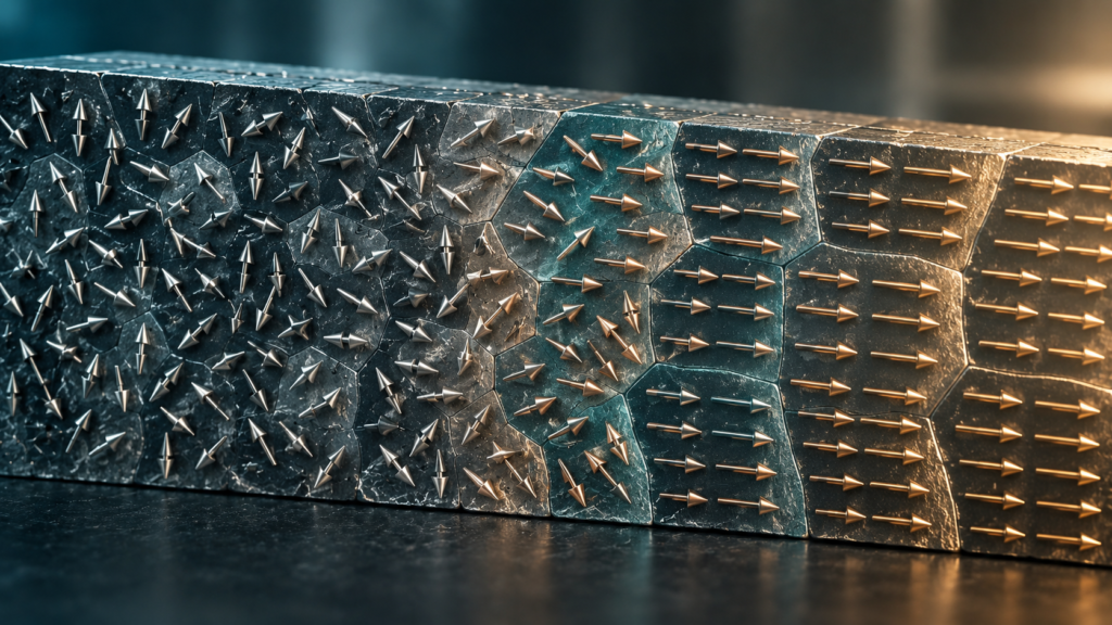 Aligned magnetic domains inside a permanent magnet.