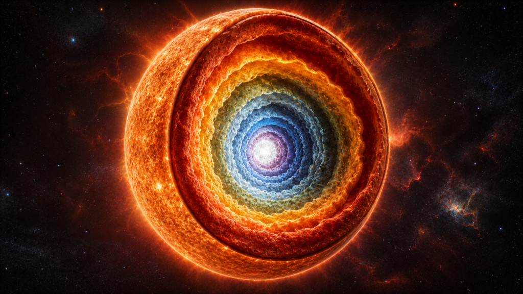 Cross-section of a massive star showing layered nuclear burning and an iron-rich central core.