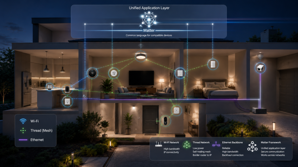 Matter working across Wi-Fi, Thread, and Ethernet in a smart home.