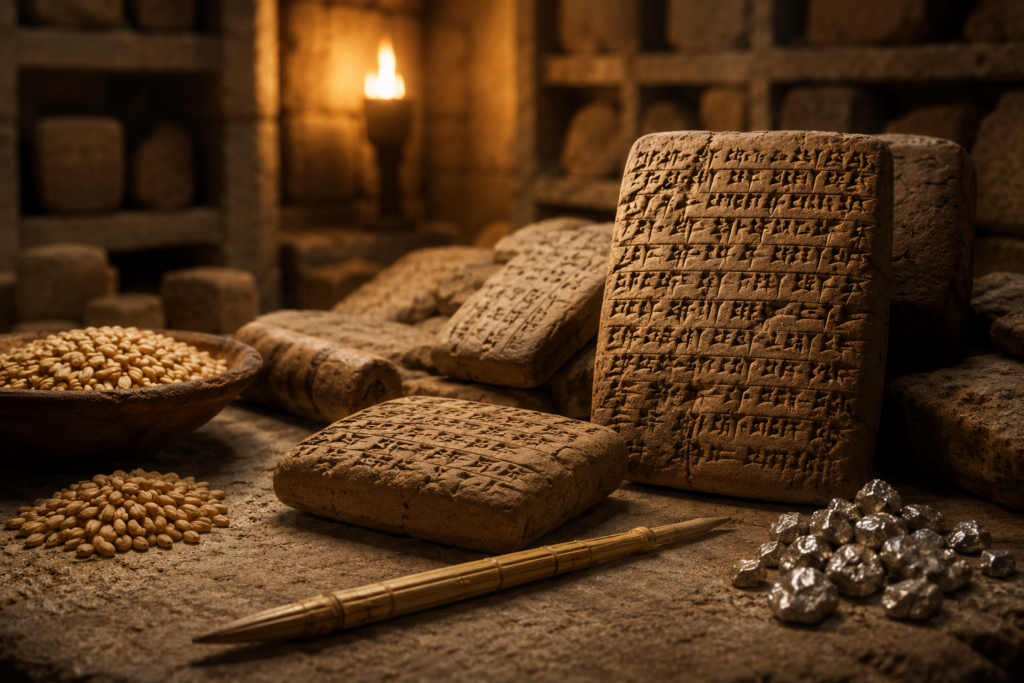 Ancient Mesopotamian clay tablet used for economic record keeping.