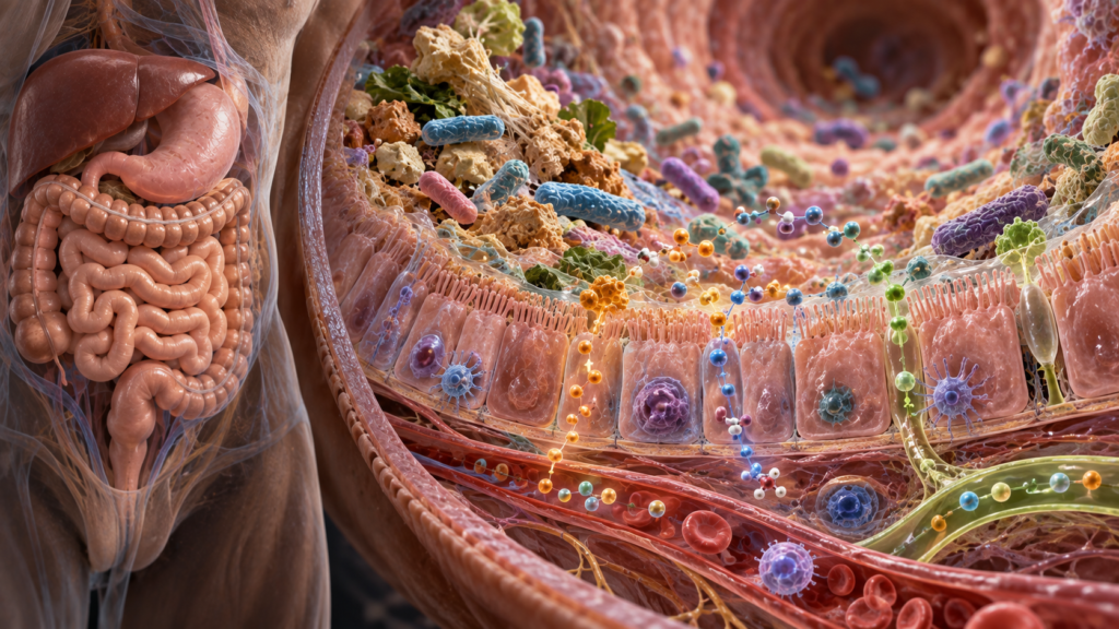 Gut microorganisms transforming dietary substrates into metabolites that interact with the body.