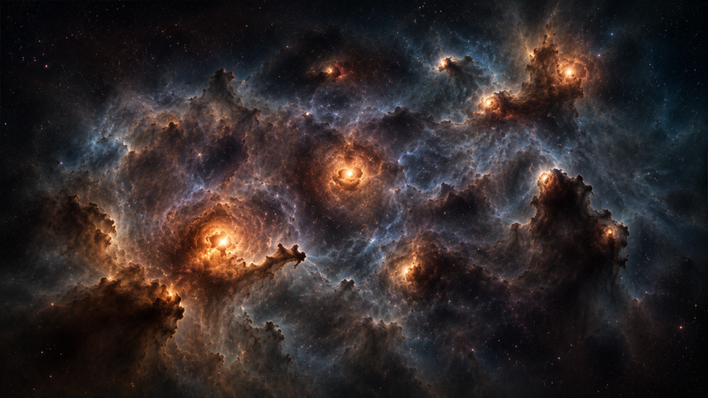 Dense regions collapsing inside a molecular cloud during star formation.