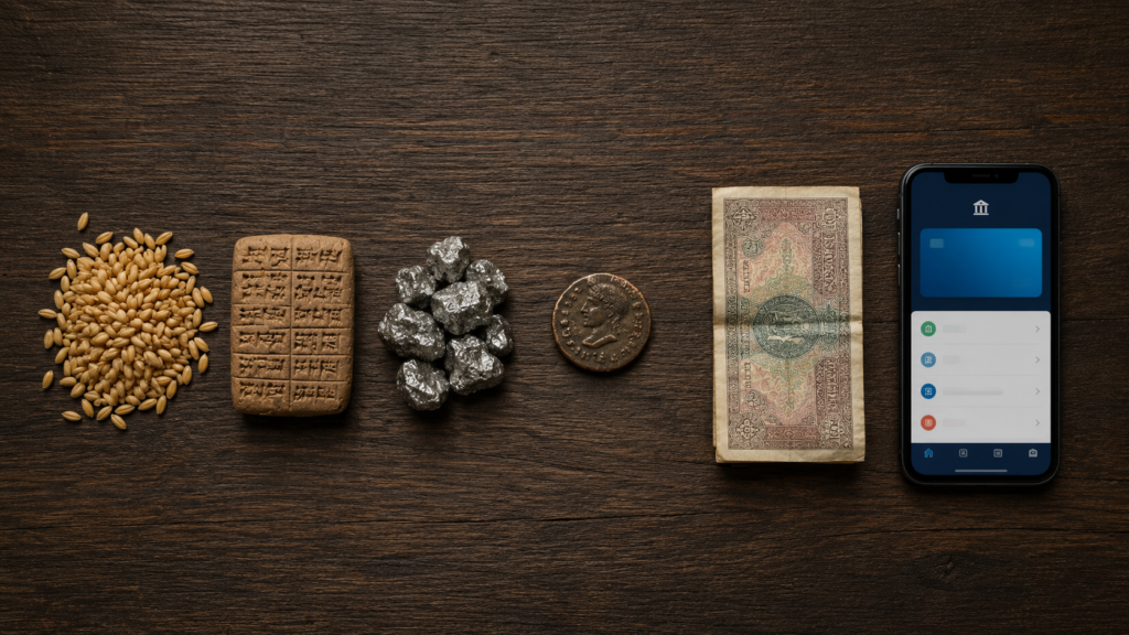 Historical and modern forms of money representing the transition from physical currency to digital money.