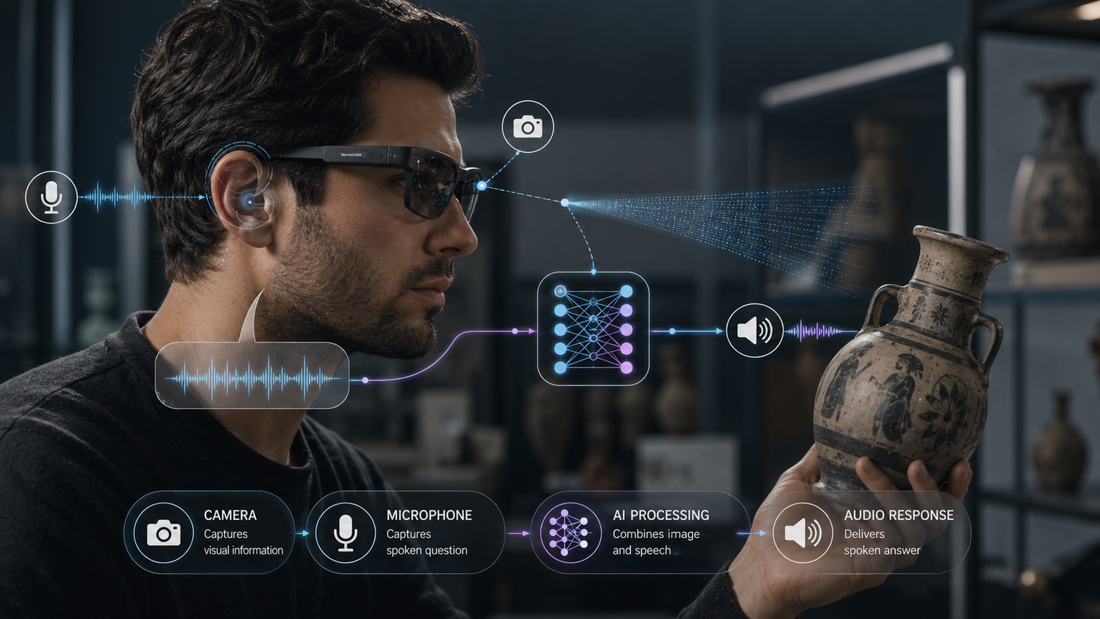 Multimodal AI combining camera vision and spoken language in smart glasses.