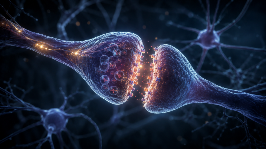 Neurons communicating through electrical and chemical signals at a synapse.