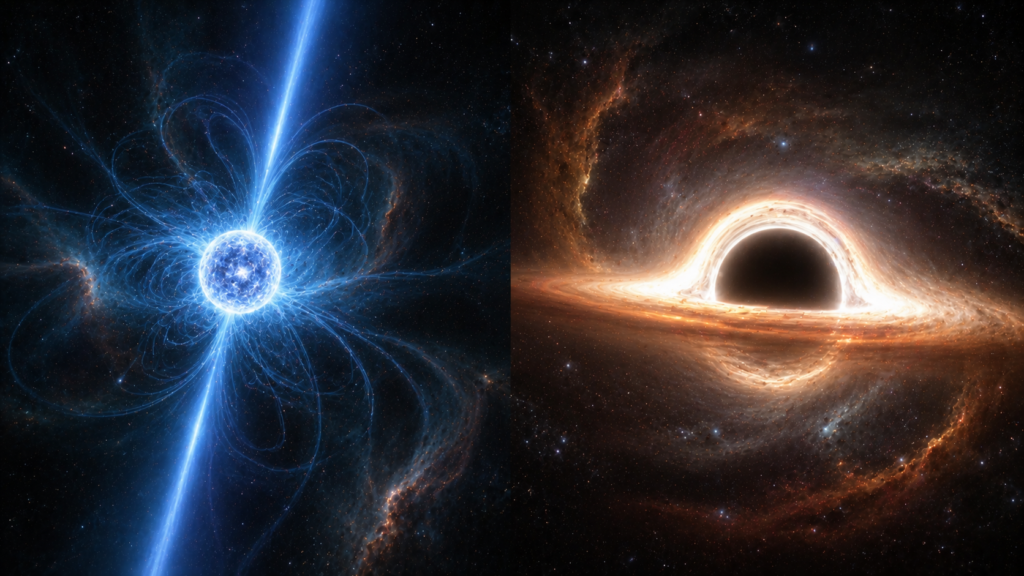 Neutron star and black hole shown as possible remnants of massive stellar core collapse.