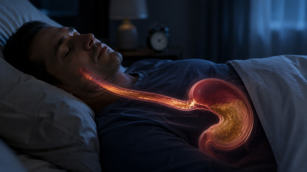 Nighttime reflux illustrated with stomach contents moving upward while lying down.