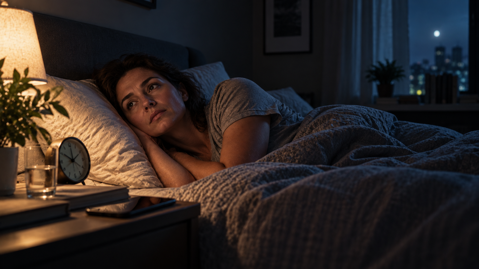 Person lying awake at night while experiencing repetitive thoughts before sleep.
